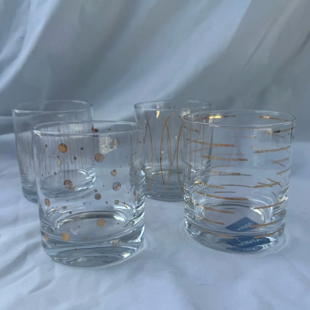 Set of 4 Mikasa Gold Metallic Retro Atomic Patterned Glasses, Lowball Cocktail
